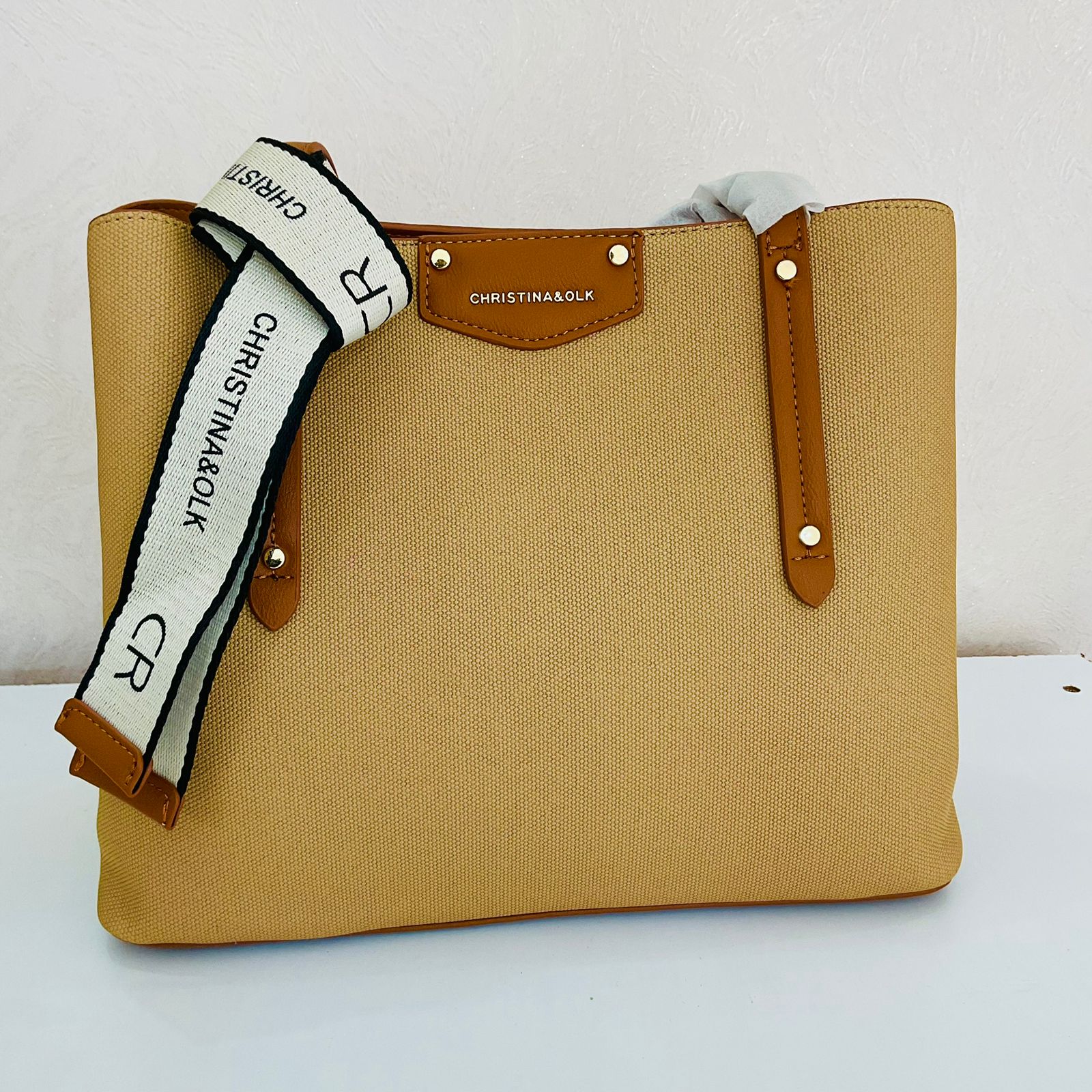 TAN HANDBAG- RIBBON BELT